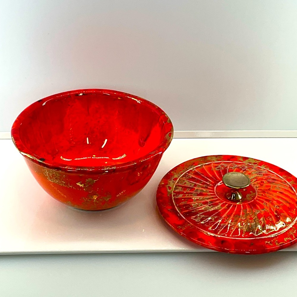 vtg SUNKIST POTTERY sz Small Bowl + Lid #203 Van Nuys Cali Fiery Orange Gold